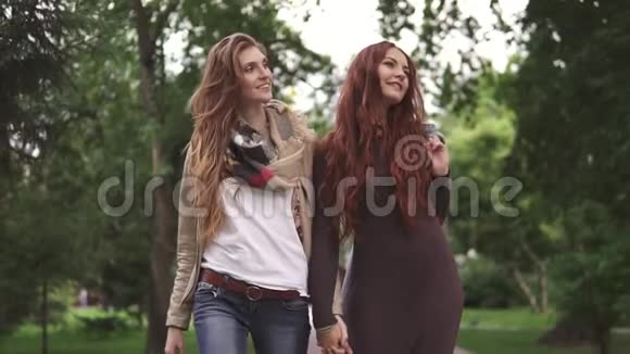 红发女朋友正在公园里散步牵着手慢动作视频的预览图