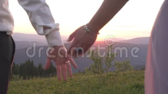 一对互相握手这对夫妇在夕阳下牵手的近景浪漫的户外景观视频的预览图