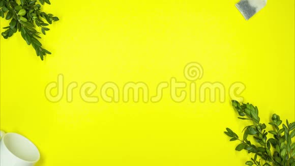 停止用绿叶在黄色背景上泡茶的动作录像录像泡茶冲泡茶视频的预览图