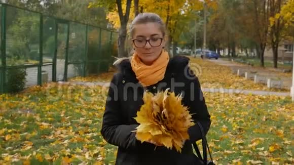 有黄叶的女孩在秋天公园散步视频的预览图