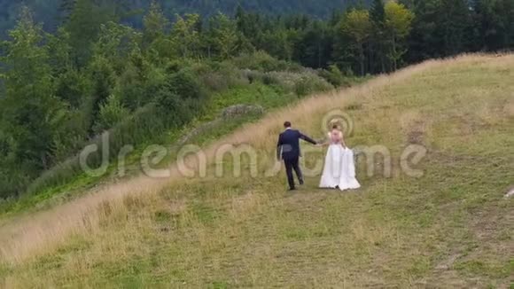 结婚夫妇在山峡谷附近散步视频的预览图