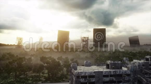 雾中的天启城被摧毁城市的空中景观启示的概念超级逼真的4k动画视频的预览图