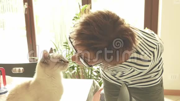 家猫在微笑的美女的肩膀上玩耍室内设置彩色图像复古风格复古过滤器背板视频的预览图