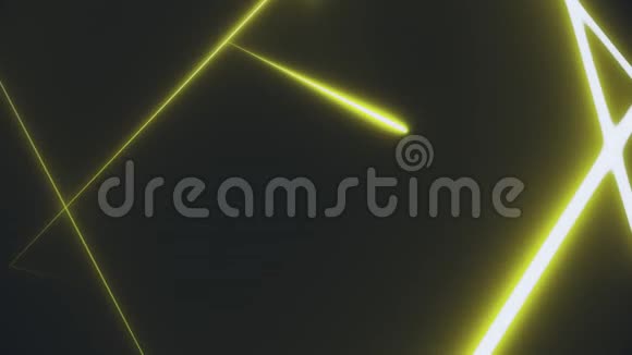 由明亮的黄色相交线形成的黑色背景上的霓虹灯三角形的抽象隧道艺术或商业视频的预览图