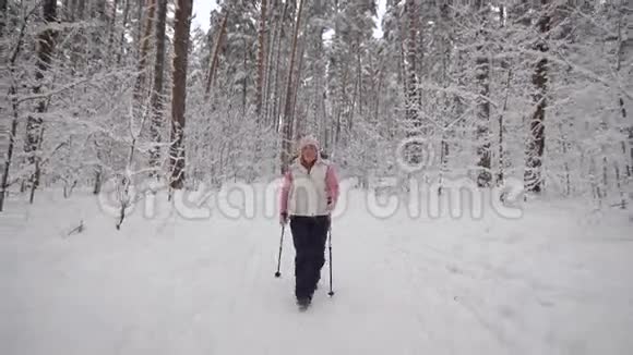 冬季森林老年妇女在树林中度过闲暇时间并步行支持健康级别视频的预览图