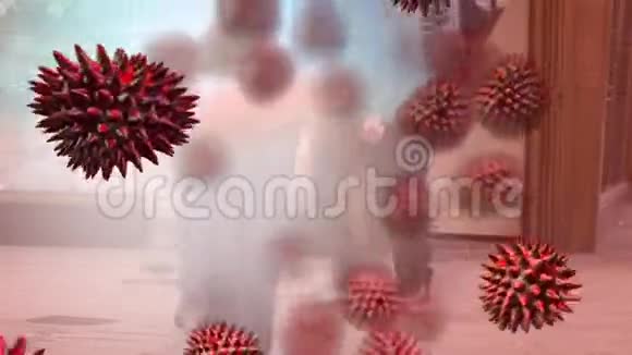 红色电晕病毒与背景人物的动画视频的预览图