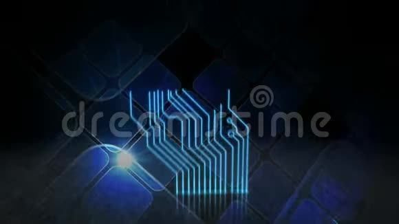 用电脑电路板处理信息移动蓝色发光方块动画视频的预览图