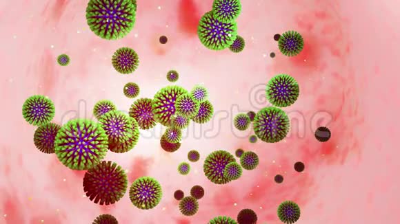 粘膜绿色冠状病毒三维模型4k循环平滑动画病毒漂浮在液体中科学视频的预览图