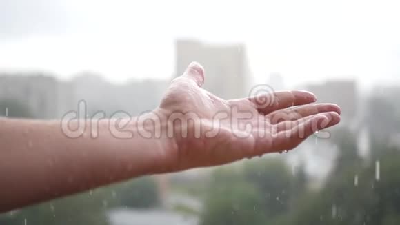 在雨中伸出你的手享受天气的新鲜慢动作视频的预览图