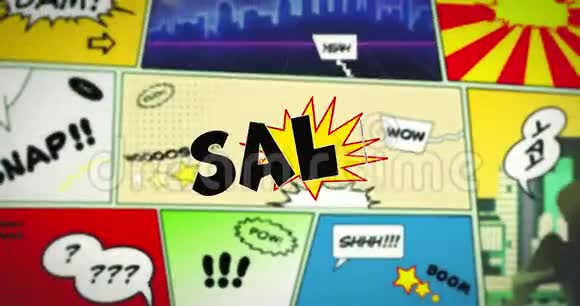 彩色连环画前景中的SALE语言气泡文视频的预览图