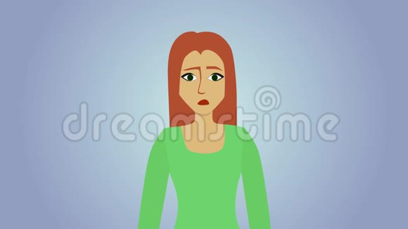 2D动画悲伤的白种人女人在蓝色灰色背景出现在人体上的红色圆圈疼痛图标头痛视频的预览图