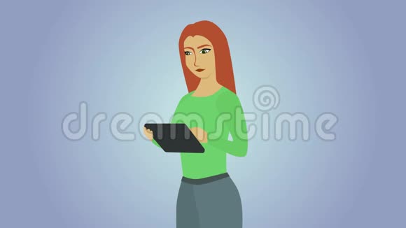 2D动画片红发白种人屏幕上有平板电脑人体内脏的图标视频的预览图