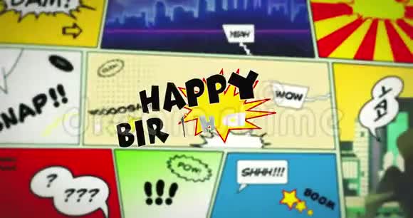 喜气洋洋的生日演讲泡沫文本在彩色漫画的前景视频的预览图