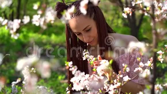 年轻的穿着眼镜的休闲女孩闻着樱花花和微笑进入相机关注脸春概念视频的预览图