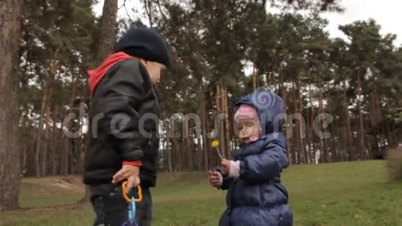 一个一岁的女孩吻蒲公英一个三岁的男孩站在旁边表现出喜悦转身而来视频的预览图