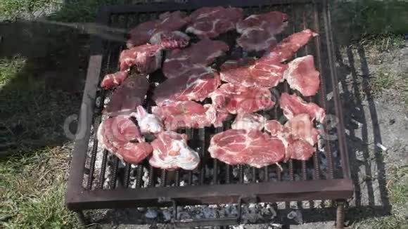 猪肉牛排从烤架上掉下来视频的预览图