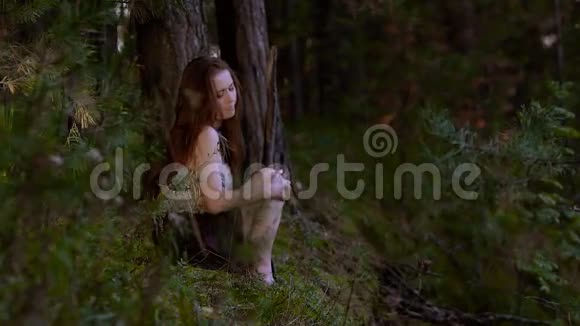 浪漫的年轻女人独自坐在树林里触摸她的腿和手掌因为她有点冷视频的预览图
