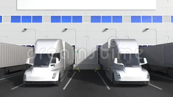 拖车卡车在仓库装载舱与新加坡标志新加坡物流相关概念三维动画视频的预览图