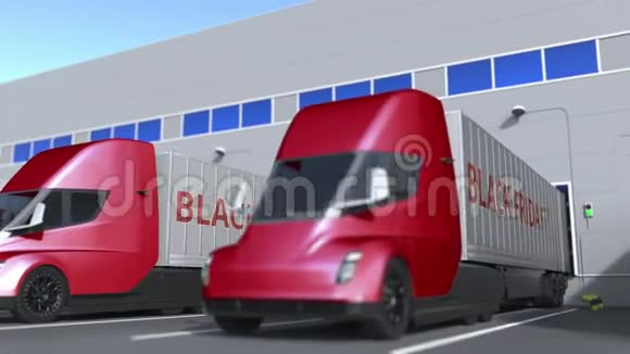 现代半挂车卡车与黑色星期五文本装载或卸载在仓库循环三维动画视频的预览图