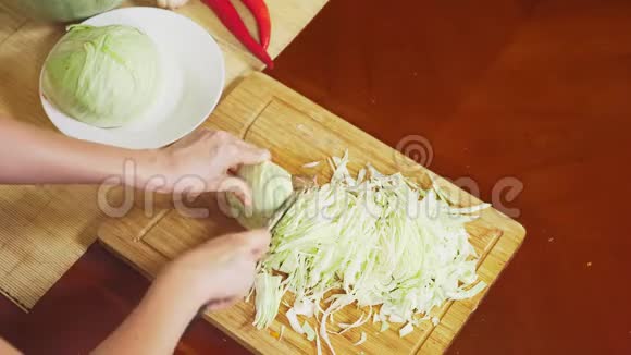 女手用刀切白菜蔬菜混合物用于烹饪蔬菜炖从上面看4k视频的预览图