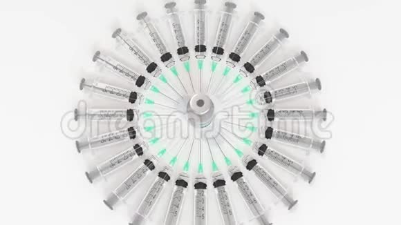 带有诺如病毒疫苗和注射器的瓶子概念医学三维动画视频的预览图