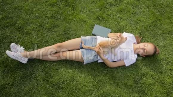 公园里躺在草地上的年轻女孩带着书和爱抚红猫的俯视镜头视频的预览图