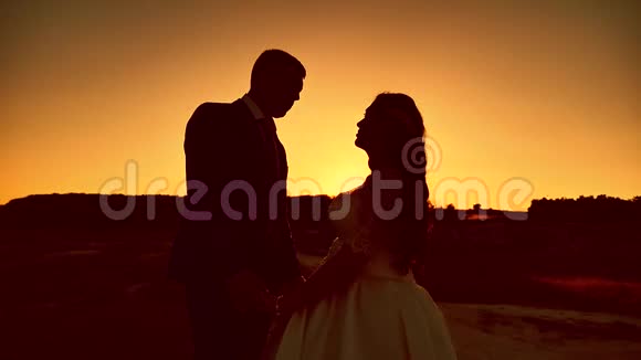 在夕阳西下的户外天空中新婚夫妇面对面地站着视频的预览图