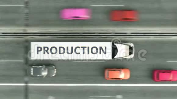 半挂车的空中俯视图与生产文本沿公路行驶循环三维动画视频的预览图