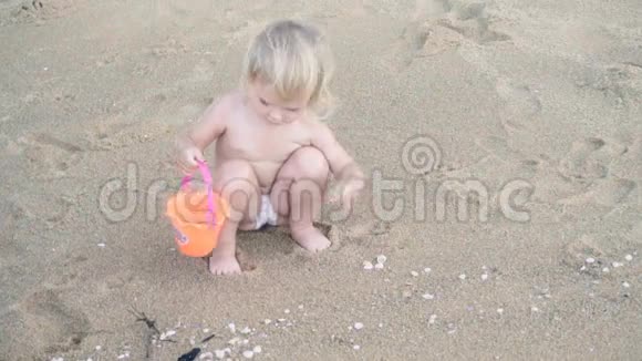 女孩在沙滩上收集贝壳视频的预览图