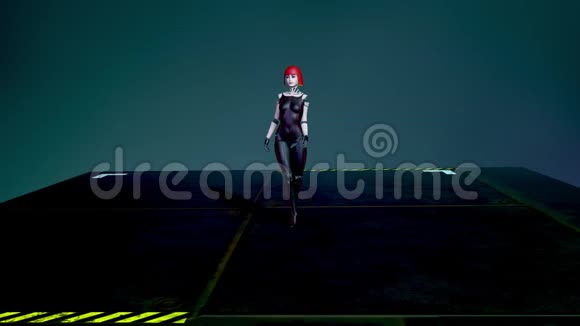 美丽的半机械人女孩在霓虹灯下的T台上挑衅人工女性Android机器人正在行走人工智能视频的预览图
