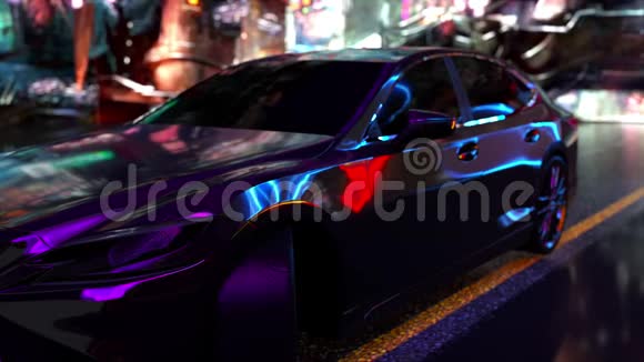 现代汽车在城市街道上的夜晚电脑生成网络朋克作文三维渲染视频游戏背景视频的预览图