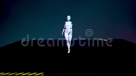 美丽的半机械人女孩在霓虹灯下的T台上挑衅人工女性Android机器人正在行走人工智能视频的预览图