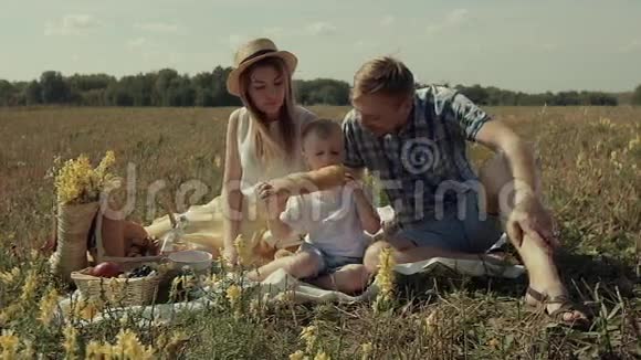 在阳光明媚的一天父母带着儿子在大自然中吃午饭小男孩在吃面包视频的预览图