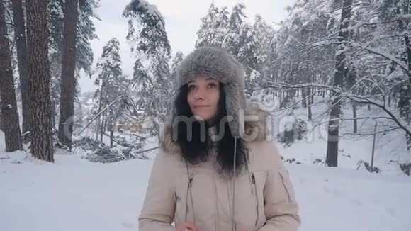 冬雪森林中戴帽子的年轻美女画像视频的预览图