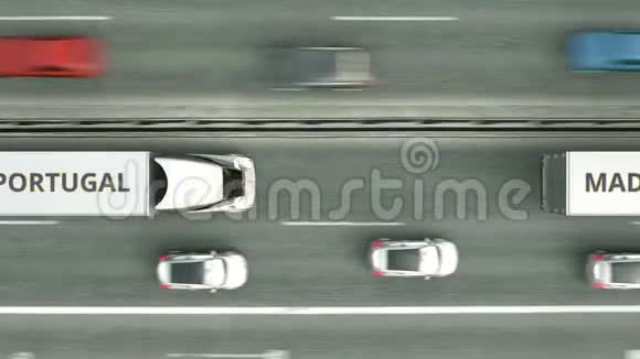 拖车卡车的空中俯视图在葡萄牙文驾驶沿道路与葡萄牙有关的业务视频的预览图