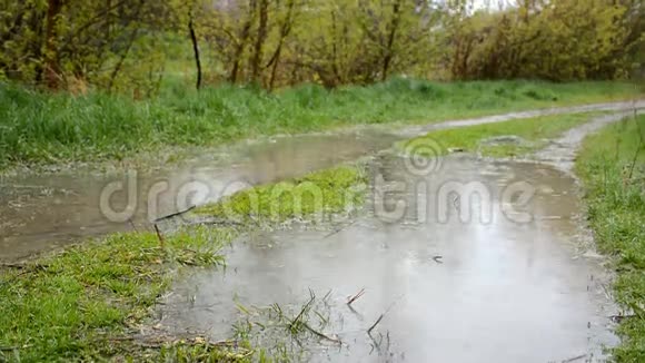 有风的大雨淋浴雨滴落在乡间路上的水坑里高清视频镜头1080P视频的预览图