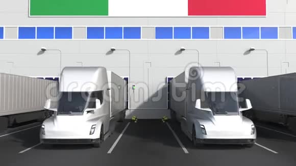 电动半挂车在仓库装货码头与意大利航空公司的标志意大利物流相关概念3D视频的预览图
