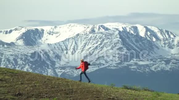 旅行者的女人用棍子爬上山坡进行追踪红色背包用于追踪的棍子视频的预览图