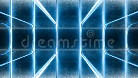 可循环霓虹灯飞碟未来主义背景发光潘通蓝色激光光束在混凝土现代表面大厅背景边行动视频的预览图