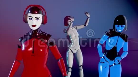 可爱的机器人女孩在霓虹灯下的T台上跳舞人工女性Android舞蹈人工智能视频的预览图