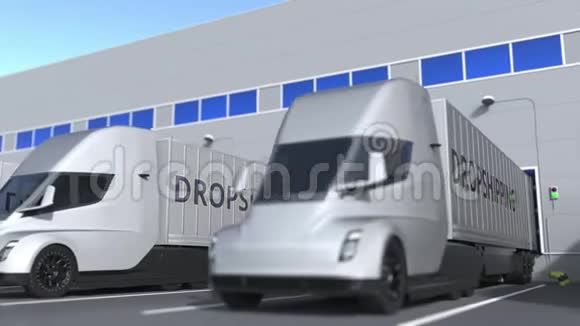 现代半挂车卡车与DROPSHIPPING文本被装载或卸载在仓库循环三维动画视频的预览图