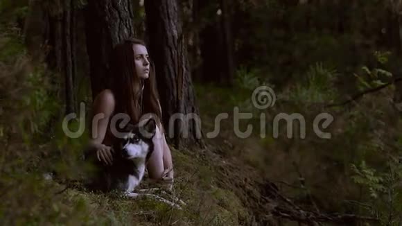 有魅力的年轻女人和漂亮的狗在树林里的肖像充满兴趣和专注地看着某个地方视频的预览图