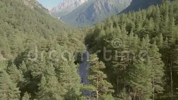 空中观景车在山间绿林间行驶视频的预览图