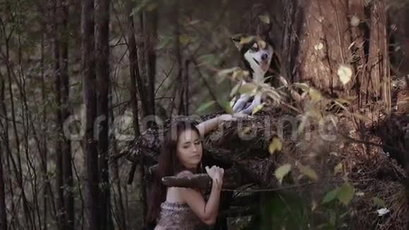 漂亮的女人穿着民族服装站在茂密的森林里在一棵大树下抱着狗是爪子视频的预览图