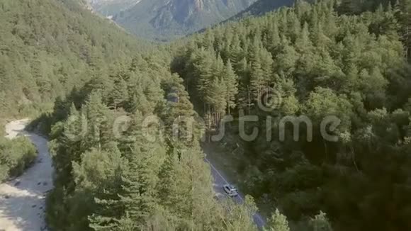 汽车在绿色森林的高速公路上行驶在郊区行驶的空中观景车视频的预览图