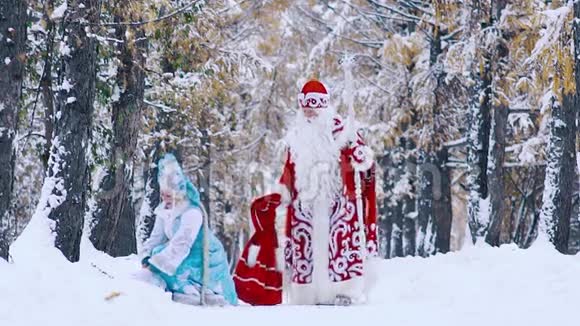 穿着弗罗斯特神父服装的男人和穿着雪花服装的女人在森林里玩视频的预览图