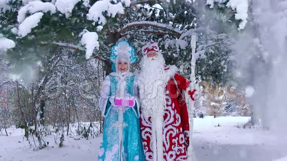 男人和女人穿着新年服装站在雪树下视频的预览图