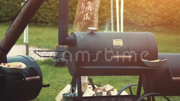 烧烤烹饪在烤架上吸烟美味多汁的肉类牛排和香肠视频的预览图