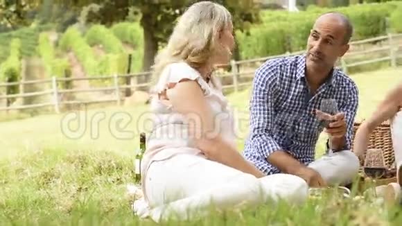 快乐的中年夫妇在野餐时吃饭视频的预览图