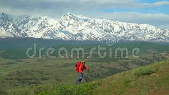 旅行者的女人用棍子爬上山坡进行追踪红色背包用于追踪的棍子视频的预览图